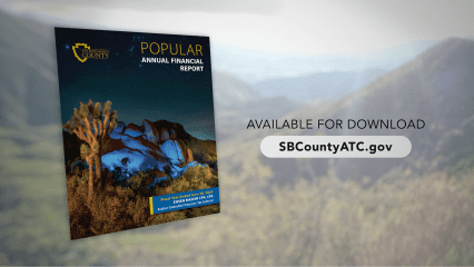 Annual financial report of SB County with scenic backdrop, marked as available for download at SBCountyATC.gov. Play button is also visible.